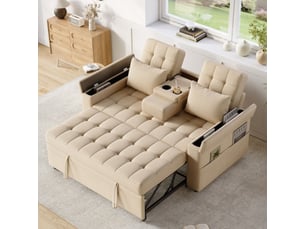 Canapé droit convertible 2 places Coton / Lin beige avec coffre de rangement