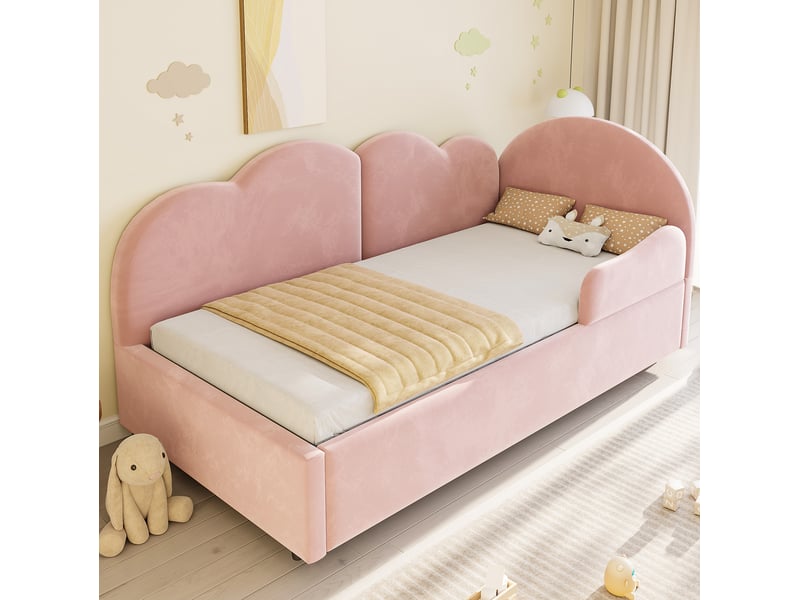  Lit gigogne 90 × 200 cm et 90 × 190 cm 2 places avec tête de lit nuage, sans matelas, en velours rose  - Conforama C