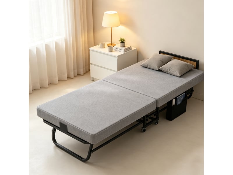 Lit pliant une personne 80 x 190 cm gris métal et bois, matelas en mousse à mémoire de forme avec usb  - Conforama B