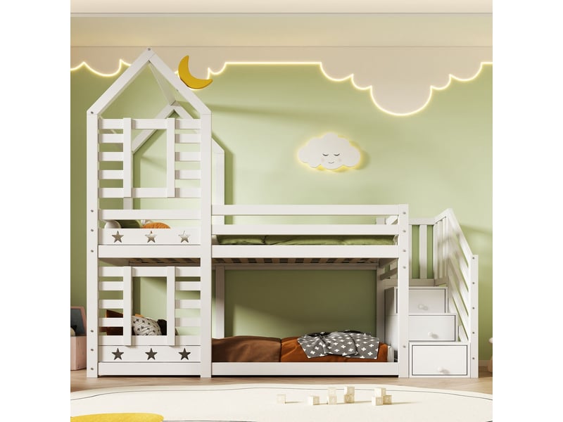  Lits superposés 90x200 - design cabane avec étoiles et lune - lit superposé enfant - escalier de rangement et 2 tiroirs - blanc  - Conforama B