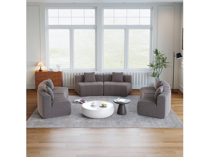 Canapé modulaire 6 places en demi-cercle avec 2 coussins, assise style piano courbe en chenille gris - Conforama E