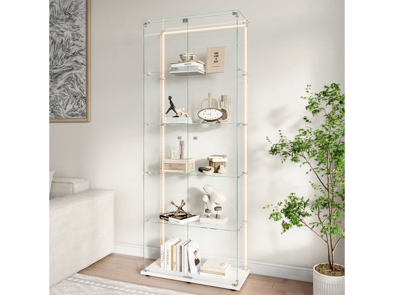  Vitrine de présentation 5 niveaux en verre blanc - armoire de vitrine verre verrouillable avec bande led et étagères pour collection  - Conforama C