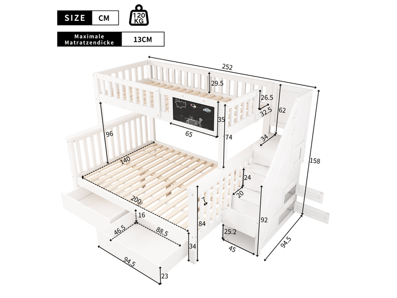  Lit superposé enfant 90x200 et 140x200 cm blanc avec rangement et tableau  - Conforama C