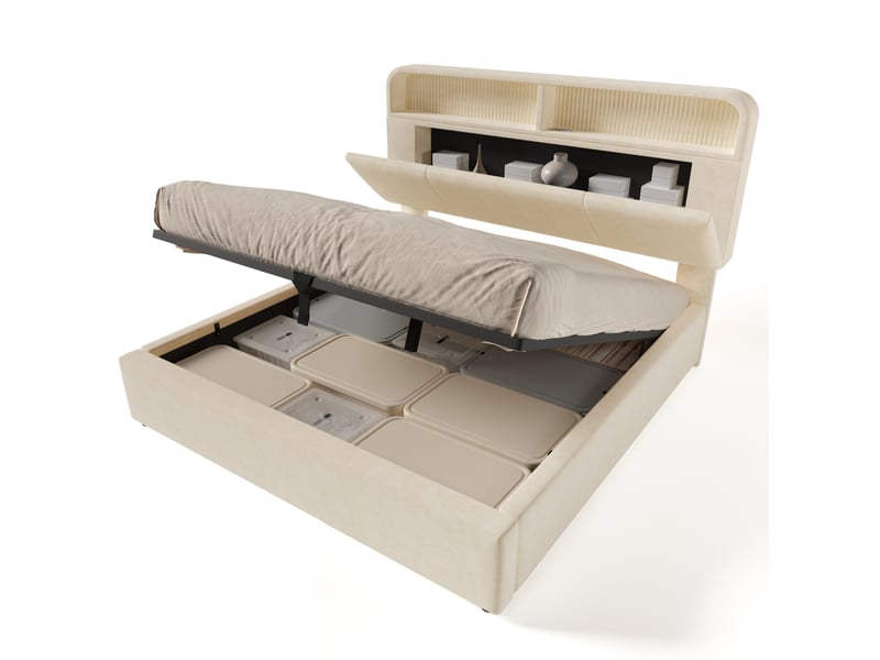  Lit double 140 x 200 cm beige en velours avec rangement hydraulique, led, chargeur usbtype-c et matelas  - Conforama A