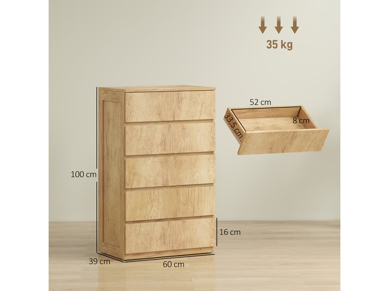  Commode 5 tiroirs meuble de rangement sans poignées design minimaliste bois naturel 60 x 39 x 100 cm  - Conforama C