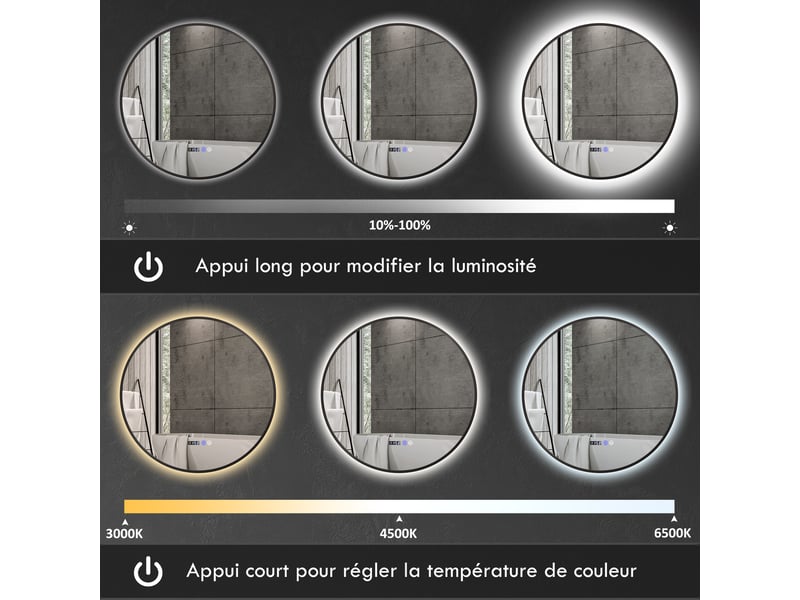  Miroir salle de bain rond led intensité variable anti-buée tactile noir, compatible maison  - Conforama C