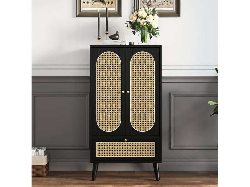  Buffet haut 60x40x110.5 cm avec 2 portes et 1 tiroir, décor rotin, noir  - Conforama B