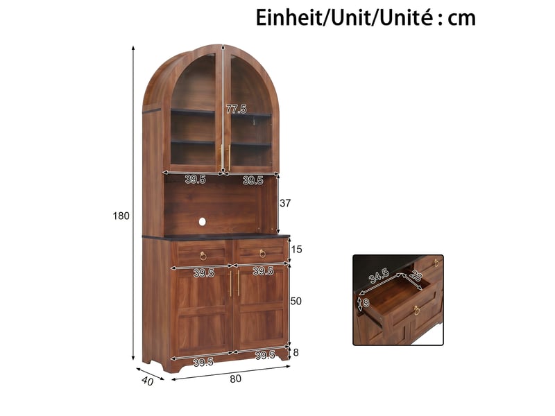 Buffet haut avec vitrine, niche ouverte, 2 tiroirs et 2 portes, led dimmable via application, prise et usb evarich - Conforama C