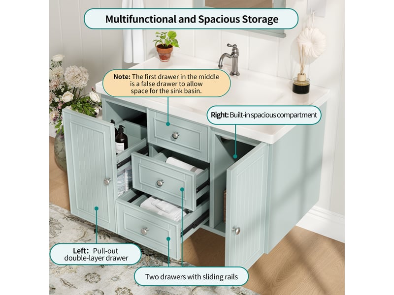 Meuble sous vasque suspendu avec tiroirs, porte et lavabo en céramique pour salle de bain, mdf vert, 78,5×46×46,8 cm - Conforama E