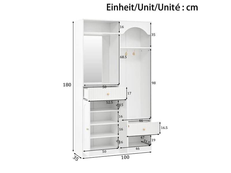  Vestiaire d'entrée avec miroir banc et led mdf blanc 100x35x180 cm GL5889W - Conforama C