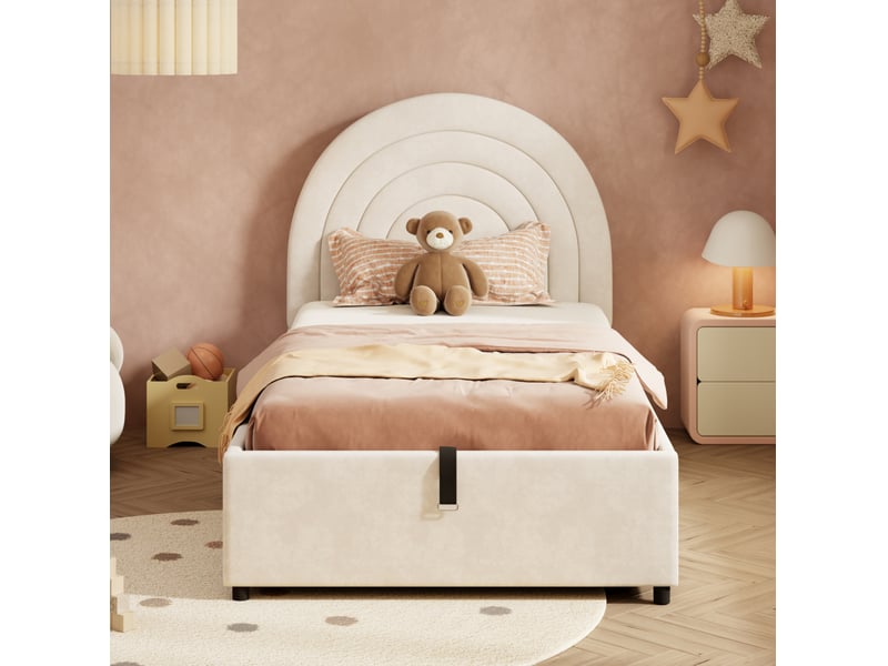  Lit coffre 90x200 cm avec sommier à lattes, revêtement en velours beige  - Conforama D