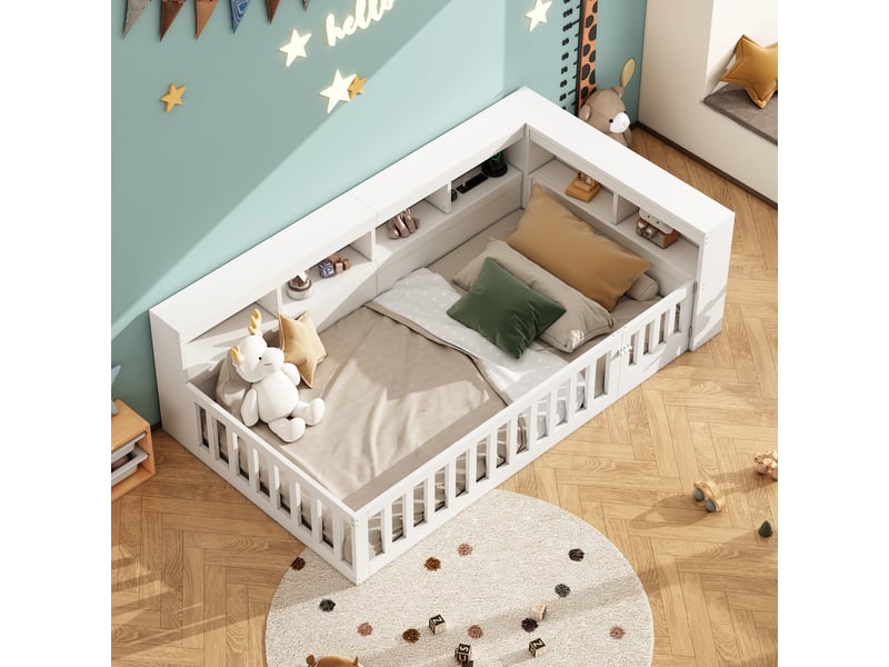 Lit de jour canapé-lit, 90 × 200 cm, blanc, panneau de particules, rangement intégré, sommier à lattes, sans matelas - Conforama D