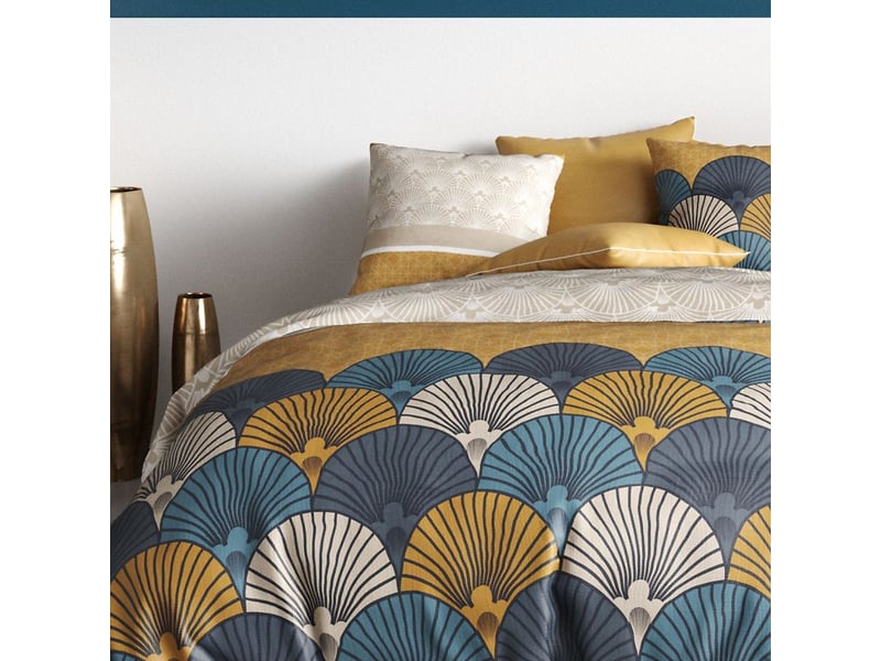  Parure housse de couette 260x240cm + 2 taies motif rétro bleu et jaune 100% coton - mandy MANDY - Conforama C