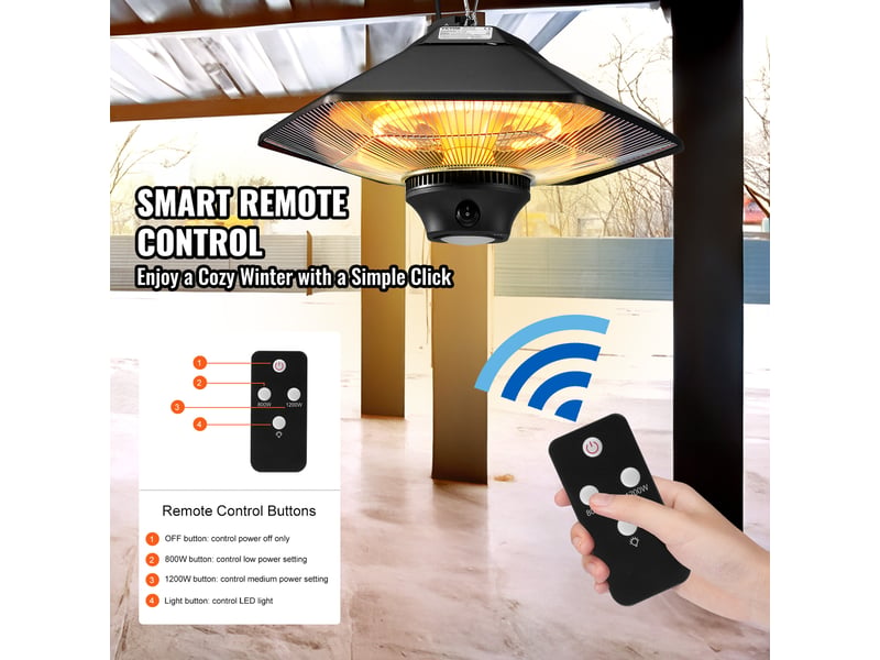 Chauffage exterieur terrasse, 2000 w, radiateur infrarouge de plafond suspendu electrique avec telecommande, protection ip34, chaine reglable, chauffage pour porche, interieur, salle a manger - Conforama E