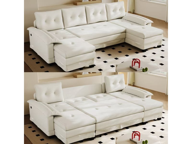 Fauteuil canapé panoramique en u chenille beige avec tiroirs intégrés et port usb pour salon moderne - Conforama B