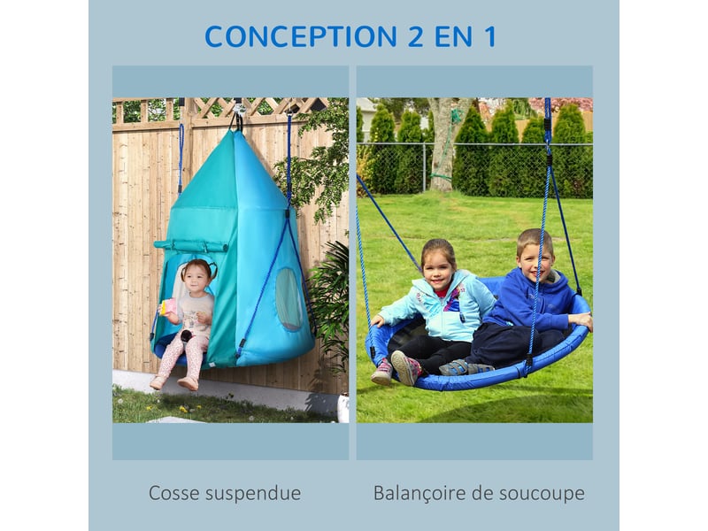  Balançoire nid d'oiseau avec tente amovible ø 100 cm charge max. 150 kg corde réglable en hauteur 120 à 180 cm bleu  - Conforama D