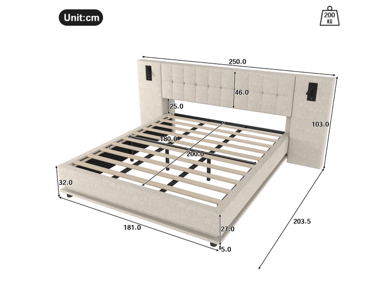  Lit 2 places rembourré 180x200 cm led usb en lin beige  - Conforama C