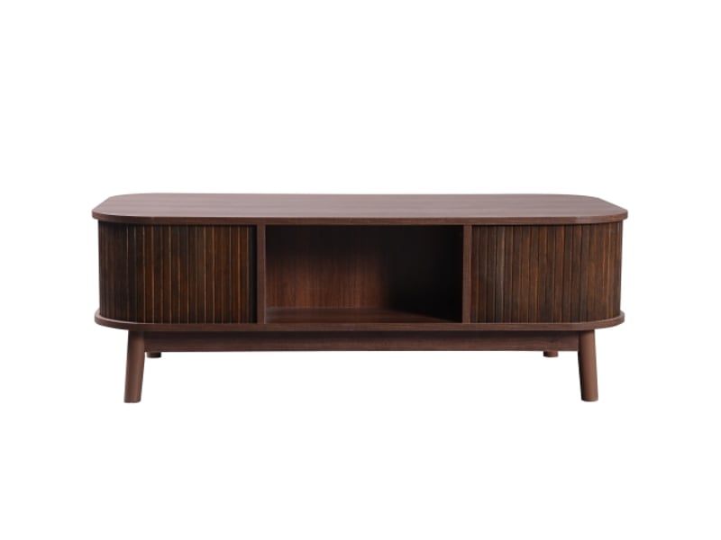  Table basse - 110x55x38,5cm - rotin, tiroirs et portes coulissantes avec lattes en bois massif, pieds en bois massif - marron  - Conforama R