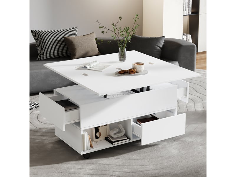  Table basse coloris blanc 100 × 50 × 52 cm, en panneaux de particules, avec plateau relevable et rangement ouvert  - Conforama E