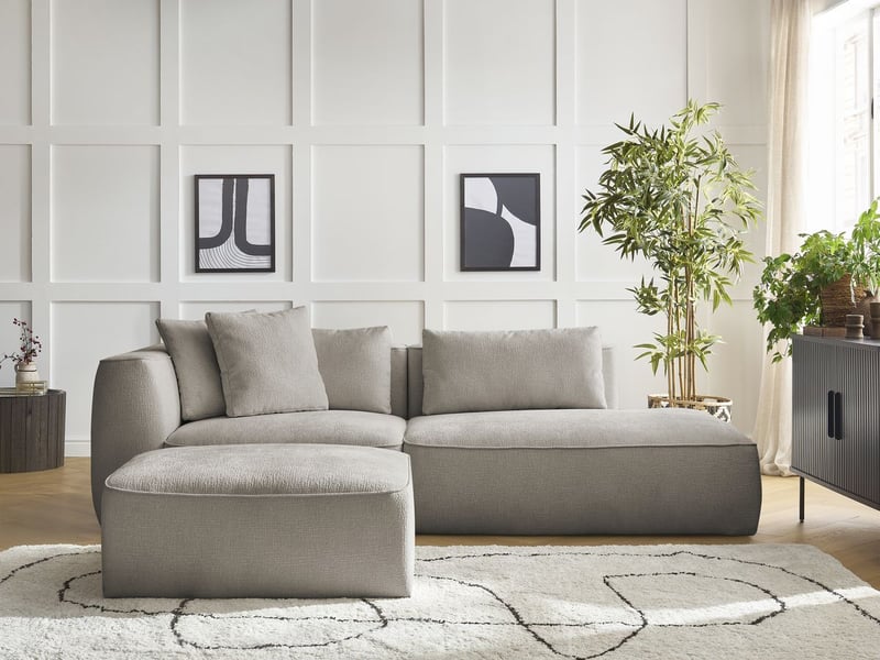  Bobochic canapé droit fixe 3 places leopold tissu texturé avec pouf taupe  accoudoir gauche LEOPOLD - Conforama D