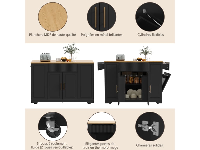 Îlot de cuisine mobile 120 x 50 x 92 cm avec espace poubelle, 2 portes, 3 tiroirs et rangement, noir - Conforama E