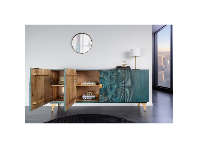  Buffet solaris 180 cm en bois massif sculpté bleu et doré – 4 portes  - Conforama D