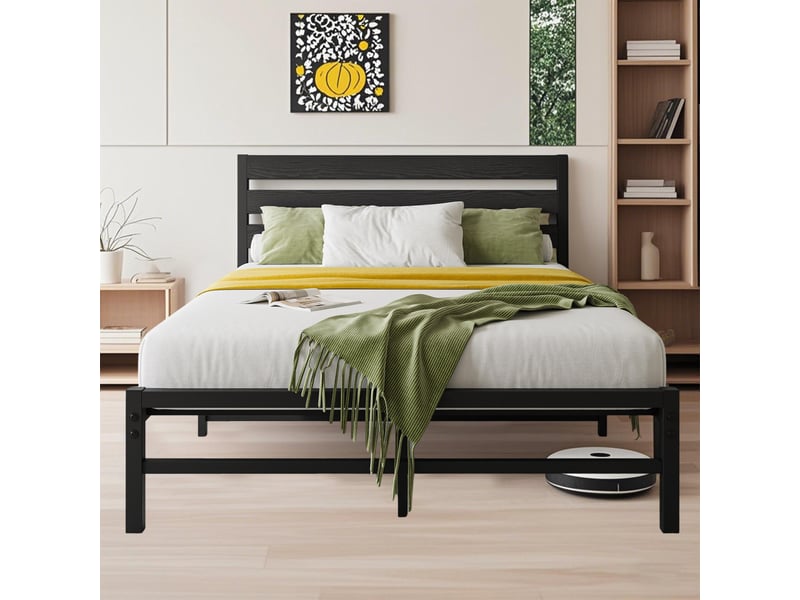 Lit 90x200 cm en métal, solide et durable, grand espace de rangement sous le lit,noir  - Conforama D