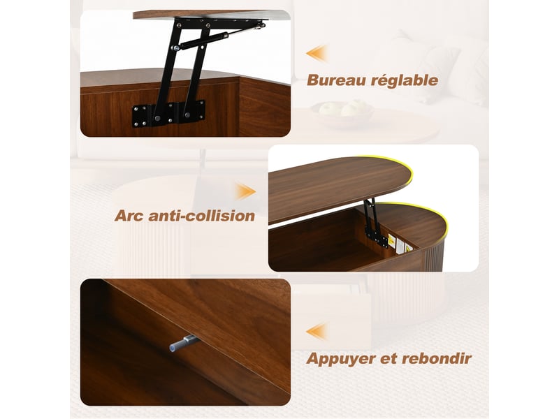  Table basse à bords arrondis 100 x 50 x 35 cm, plateau relevable, 1 tiroir à pression, coffre intégré, mdf et panneaux de particules, décor noyer Luxe haut de gamme - Conforama R
