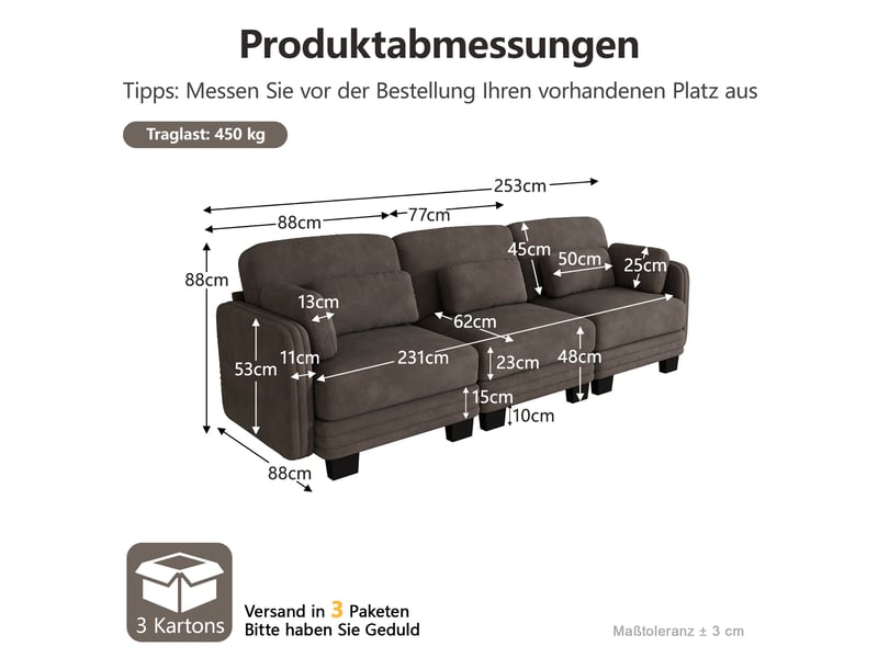  Canapé droit modulaire 3 places en chenille marron avec coussins mobiles  - Conforama C