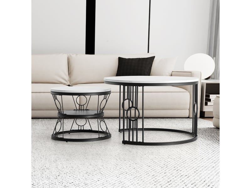  Table basse gigogne ronde 2 pièces effet rangement mdf blanc structure métal noir cravdom  - Conforama C