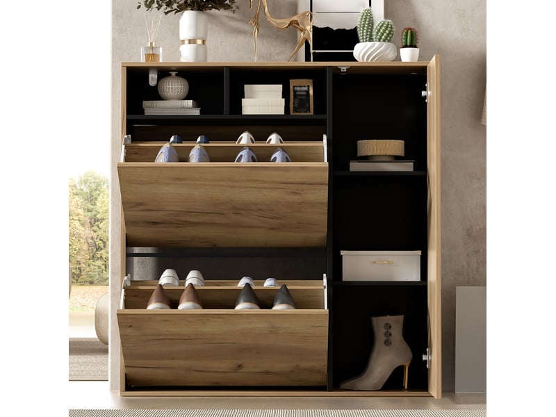  Meuble à chaussures 2 abattants et 1 porte 90x24x94 cm naturel et noir  - Conforama W