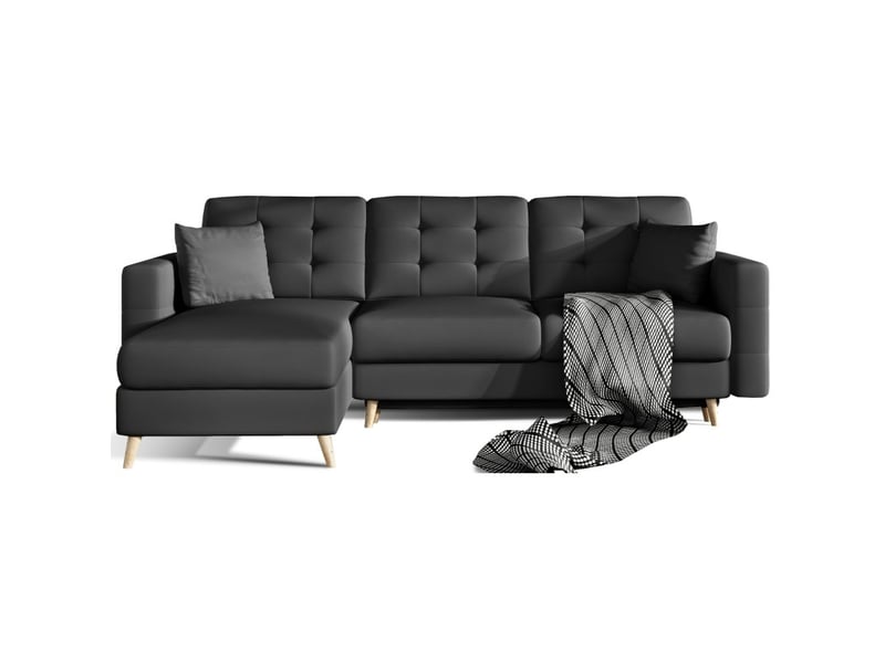 Canapé d'angle convertible hasgard 3 places noir 248x162 cm – coffre et pieds bois - Conforama A