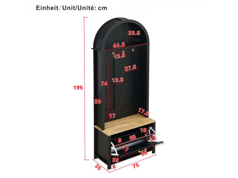  Meuble d'entrée avec patères, rangement à chaussures et tablette, en mdf couleur bois et noir, 75 × 35 × 195 cm  - Conforama D