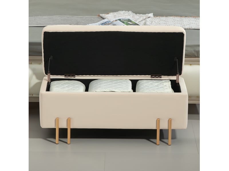  Banc coffre tcqpz 100 x 40 x 42 cm avec rangement, polyester aspect velours beige, pieds en métal galvanisé  - Conforama B