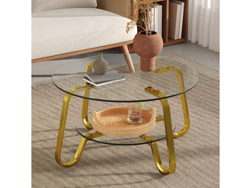  Table basse à deux niveaux avec rangement pour salon en métal et verre, finition dorée  - Conforama B