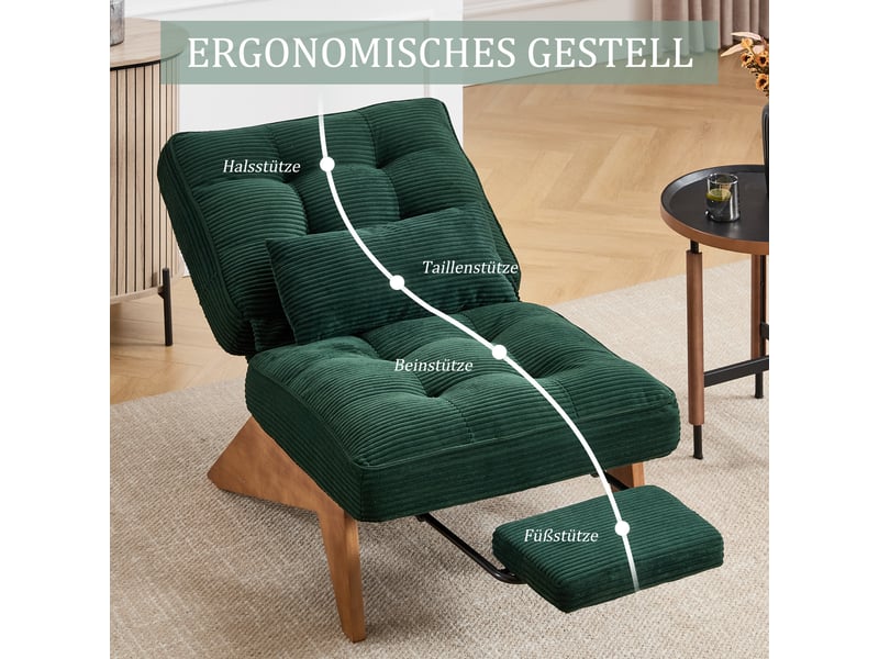  Fauteuil lounge réglable 127 x 73 x 90 cm en tissu vert avec repose-pieds, coussin lombaire et pieds en bois, design moderne  - Conforama D