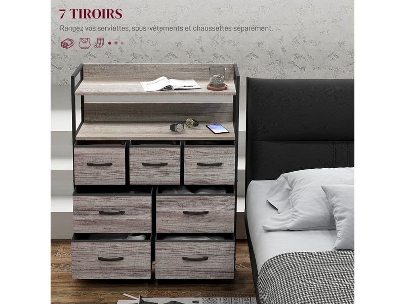  Meuble de rangement commode 7 tiroirs en tissu pliables et amovibles étagères ouvertes, gris  - Conforama D