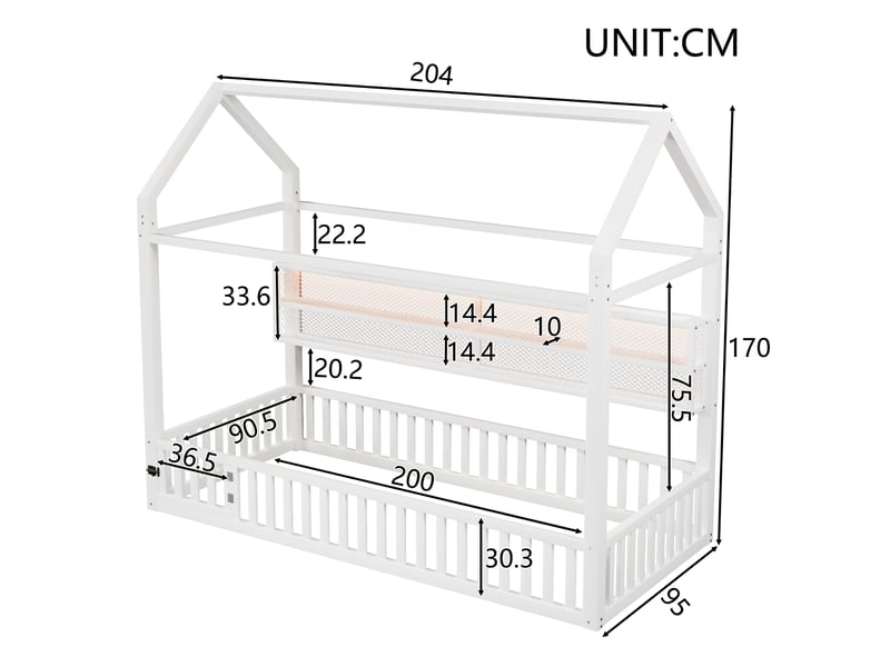Lit cabane enfant 90x200 cm avec barrière, lit enfant en métal blanc, sans matelas  - Conforama C