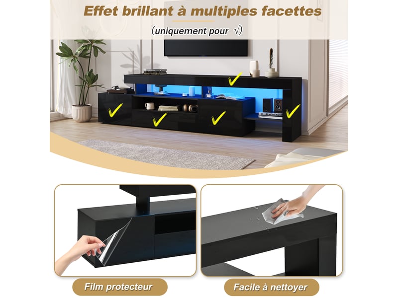  Meuble tv noir pour téléviseur 85 pouces, meuble tv 192 cm avec éclairage led usb, 3 portes et rangements ouverts  - Conforama W