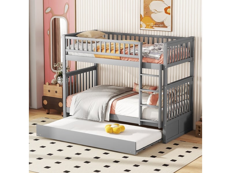 Lit superposé triple 90x200 cm avec tiroir, échelle et barrière, gris - Conforama B
