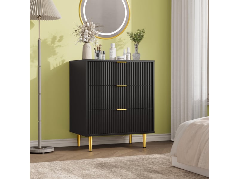 Commode moderne 3 tiroirs façade ondulée – rangement élégant, poignées et pieds dorés – pour chambre, salon ou entrée -noir PHK_35LRLKAX - Conforama E