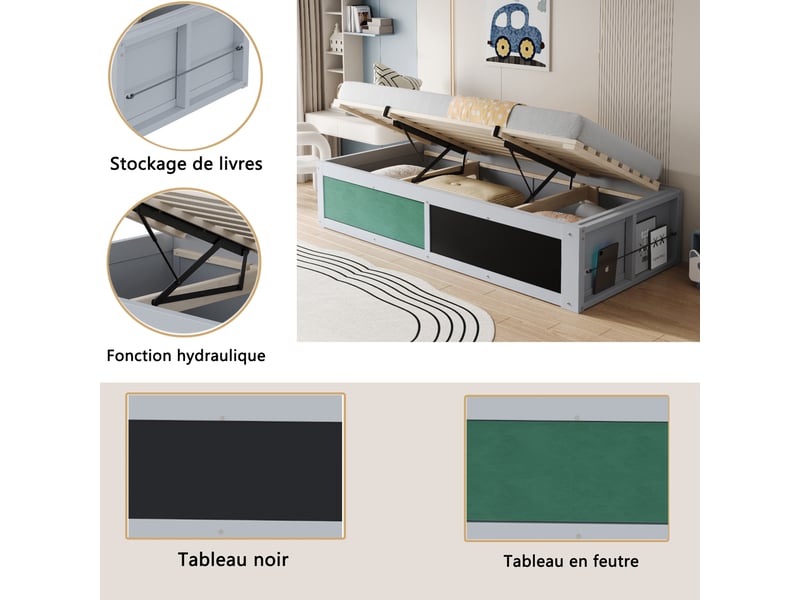  Lit coffre enfant 90x200 cm avec rangement, tableau à craie et panneau en feutrine, pin et mdf, gris, sans matelas  - Conforama R