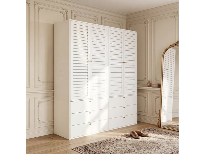 Armoire 4 portes avec 6 tiroirs 180x50x200 cm en panneau de particules blanc - Conforama R