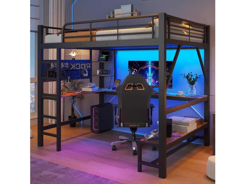  Lit mezzanine modenvie 160 x 200 cm en métal et mdf avec bureau, rangements, led et prise usb type-c noir  - Conforama B