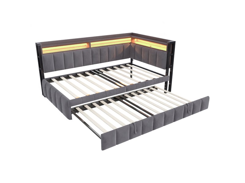 Lit banquette enfant 90 x 200 cm avec lit gigogne 90 x 190 cm, led, usb-c et rangements, velours, gris foncé Fay Lum - Conforama A