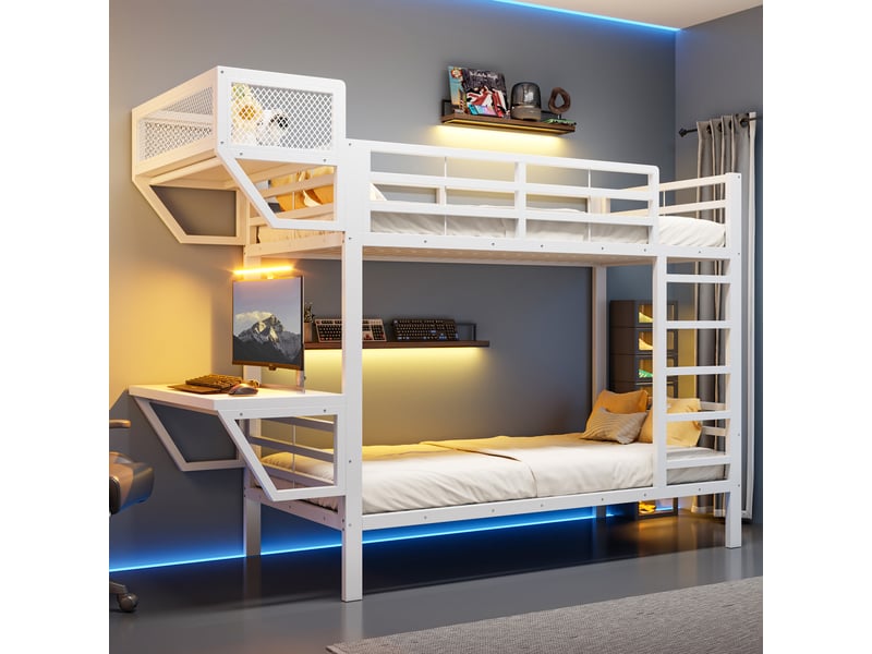  Lit superposé 90 x 200 cm avec bureau, étagères et sommier à lattes, gain de place pour enfant, ado et adulte, métal et bois, blanc OMNIGLINT TRADING LTD - Conforama B