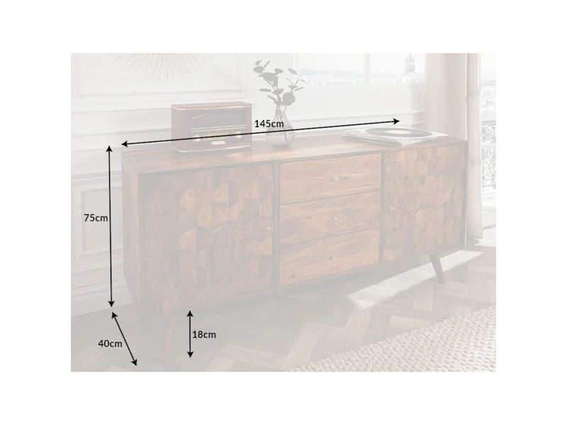  Buffet scani 145 cm en bois massif de sheesham verni – 2 portes sculptées et 3 tiroirs  - Conforama C