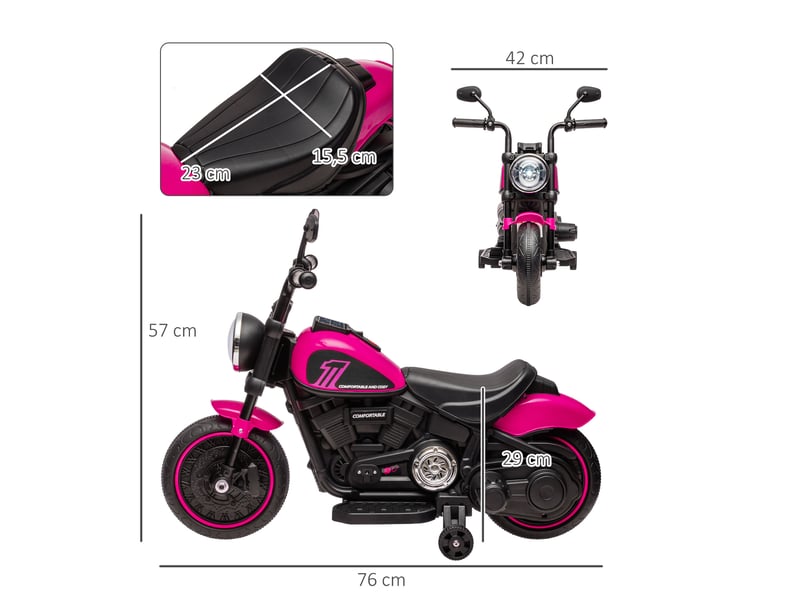 Moto électrique pour enfants de 18 à 36 mois avec batterie 6v, phare et stabilisateurs amovibles, rose - Conforama E