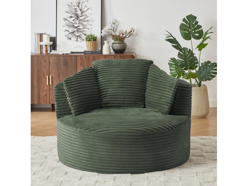 Fauteuil fixe rond 1 place en velours côtelé vert, format 124 × 113 × 86 cm, confort nuage pour salon et chambre - Conforama E