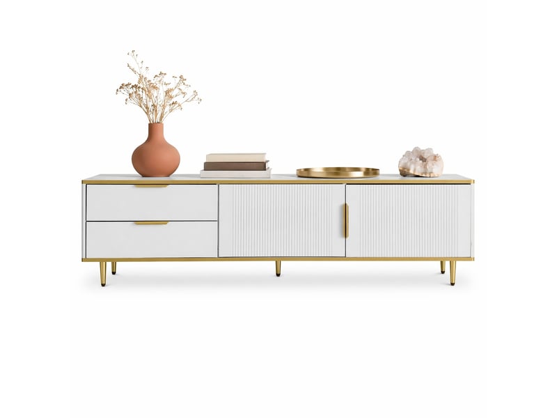  Meuble tv bas 170 x 37 x 45 cm avec 2 tiroirs et 2 portes, blanc et doré  - Conforama A